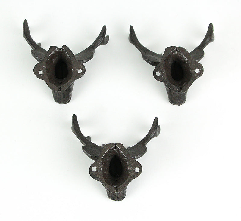 Set of 3 Rustic Brown Cast Iron Deer Head Wall Hooks for Lodge and Cabin Decor - 4.25 Inches Long - Antique Brown Hooks for