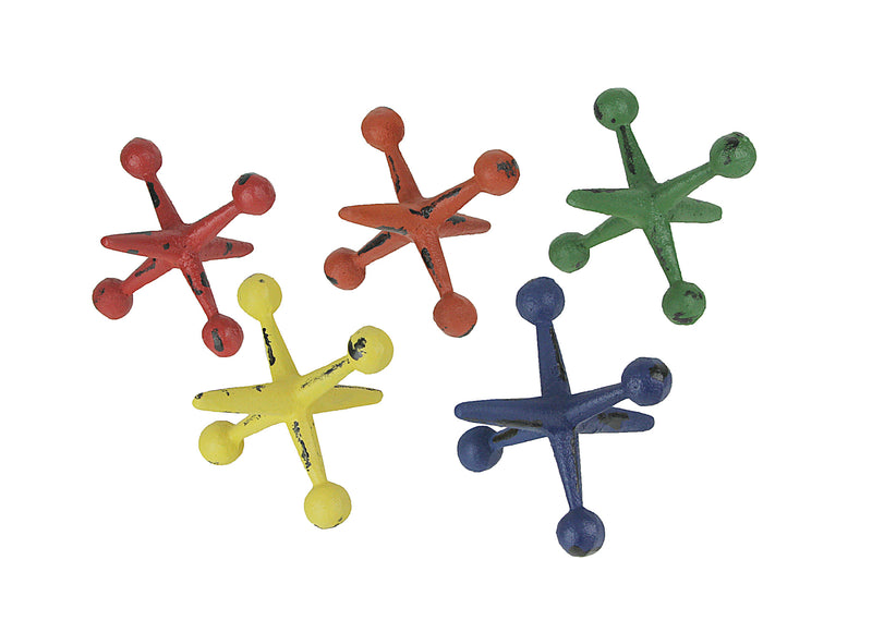 Vibrant Set of 5 Cast Iron Toy Jack Decorative Sculptures - Nostalgic Red, Orange, Green, Blue, and Yellow Accents - 4.75