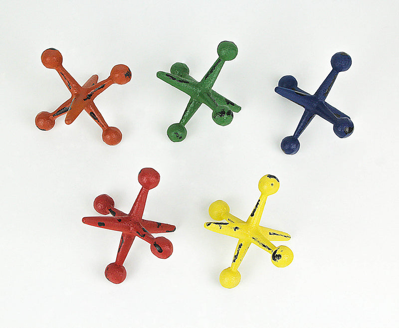 Vibrant Set of 5 Cast Iron Toy Jack Decorative Sculptures - Nostalgic Red, Orange, Green, Blue, and Yellow Accents - 4.75