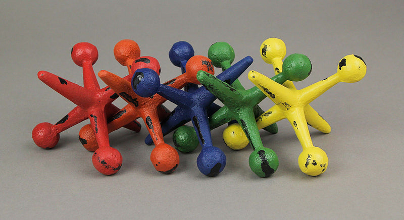 Vibrant Set of 5 Cast Iron Toy Jack Decorative Sculptures - Nostalgic Red, Orange, Green, Blue, and Yellow Accents - 4.75