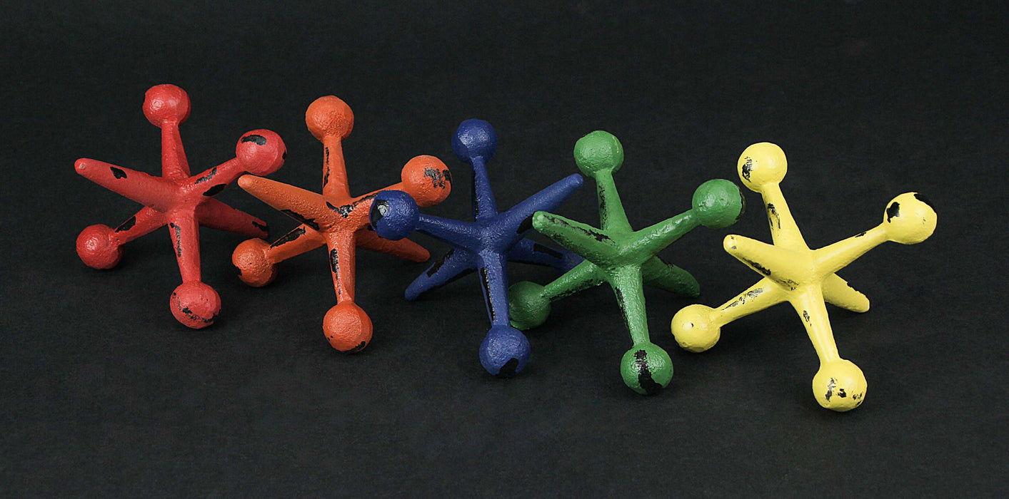 Vibrant Set of 5 Cast Iron Toy Jack Decorative Sculptures - Nostalgic Red, Orange, Green, Blue, and Yellow Accents - 4.75