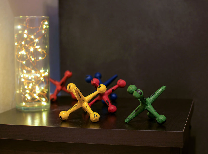 Vibrant Set of 5 Cast Iron Toy Jack Decorative Sculptures - Nostalgic Red, Orange, Green, Blue, and Yellow Accents - 4.75