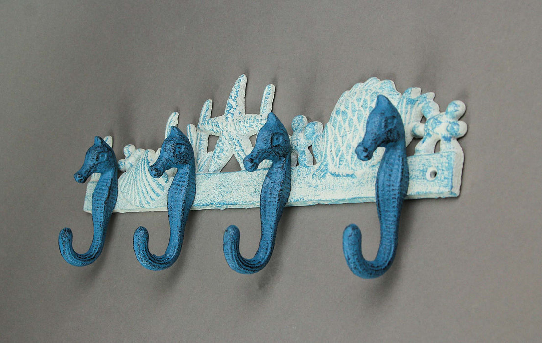 Enchanting Blue and White Cast Iron Seahorse Nautical Sea Life Decorative Wall Hook, Towel Hanger or Coat Rack - Perfect