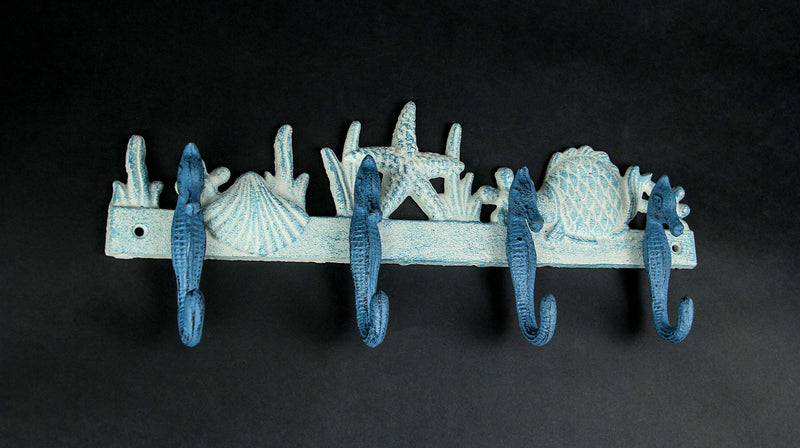 Enchanting Blue and White Cast Iron Seahorse Nautical Sea Life Decorative Wall Hook, Towel Hanger or Coat Rack - Perfect