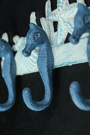 Enchanting Blue and White Cast Iron Seahorse Nautical Sea Life Decorative Wall Hook, Towel Hanger or Coat Rack - Perfect