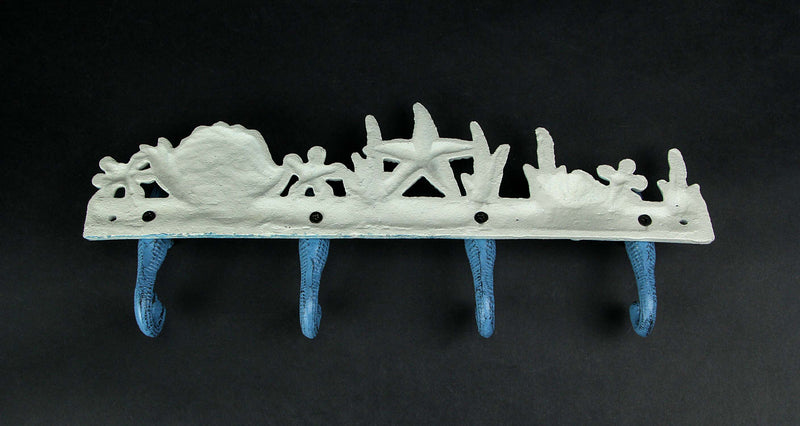 Enchanting Blue and White Cast Iron Seahorse Nautical Sea Life Decorative Wall Hook, Towel Hanger or Coat Rack - Perfect