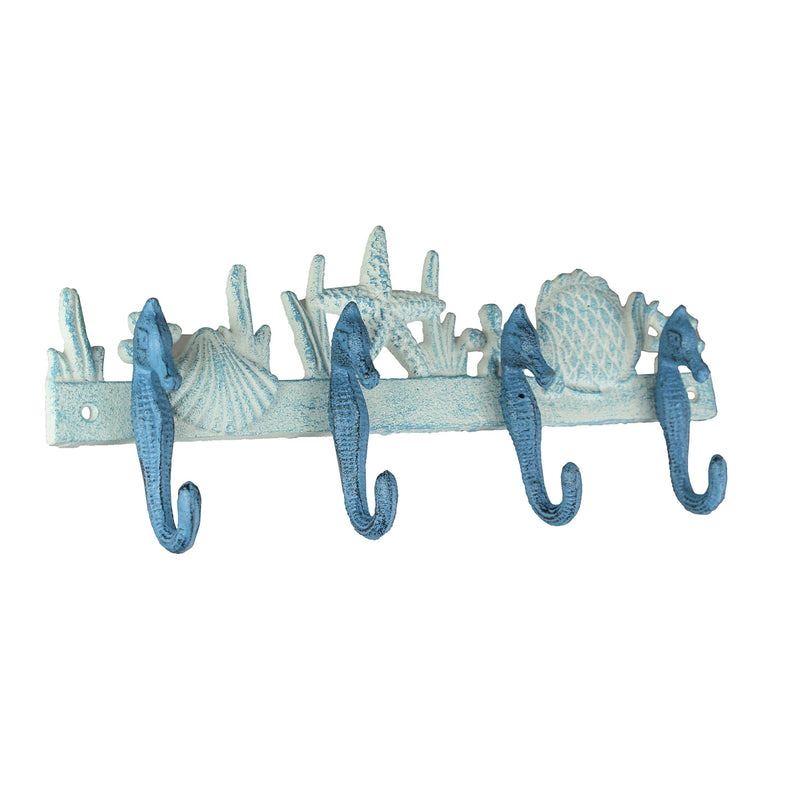Blue And White Cast Iron Seahorses Decorative Wall Hook Nautical Sea Life Hanging Towel or Coat Rack Beach Home Coastal