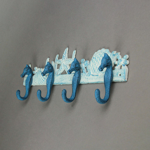 Blue And White Cast Iron Seahorses Decorative Wall Hook Nautical Sea Life Hanging Towel or Coat Rack Beach Home Coastal