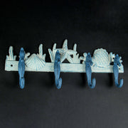 Blue And White Cast Iron Seahorses Decorative Wall Hook Nautical Sea Life Hanging Towel or Coat Rack Beach Home Coastal
