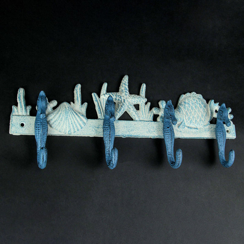 Blue And White Cast Iron Seahorses Decorative Wall Hook Nautical Sea Life Hanging Towel or Coat Rack Beach Home Coastal