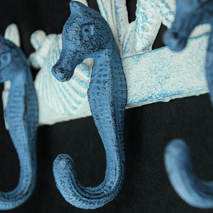 Blue And White Cast Iron Seahorses Decorative Wall Hook Nautical