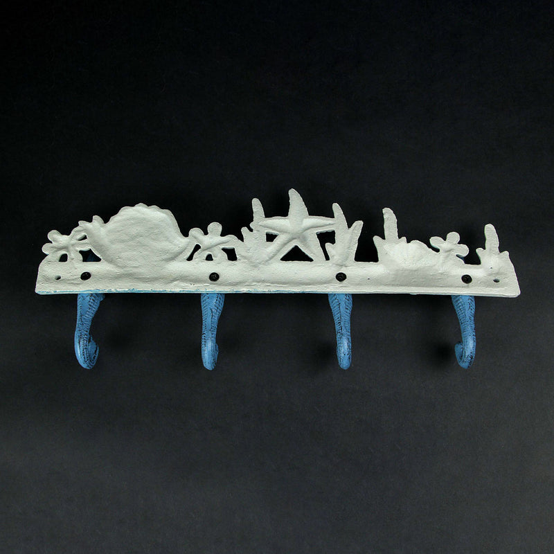 Blue And White Cast Iron Seahorses Decorative Wall Hook Nautical Sea Life Hanging Towel or Coat Rack Beach Home Coastal