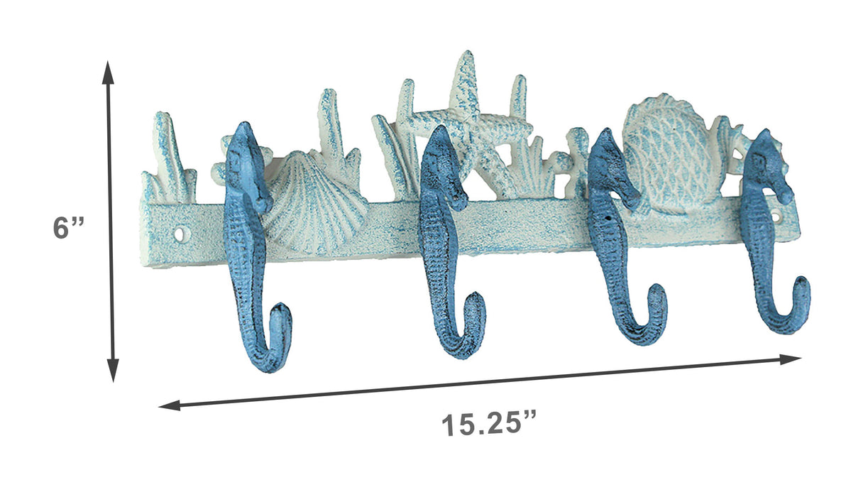 Enchanting Blue and White Cast Iron Seahorse Nautical Sea Life Decorative Wall Hook, Towel Hanger or Coat Rack - Perfect