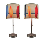 Set of 2 Stainless Steel Table Lamps with Vibrant Surfboard Shades for Beachy Coastal Bedroom Decor - 18.5 Inches High -