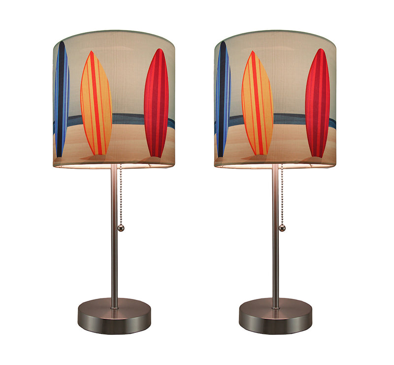 Set of 2 Stainless Steel Table Lamps with Vibrant Surfboard Shades for Beachy Coastal Bedroom Decor - 18.5 Inches High -