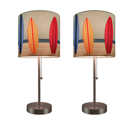 Set of 2 Stainless Steel Table Lamps with Vibrant Surfboard Shades for Beachy Coastal Bedroom Decor - 18.5 Inches High -