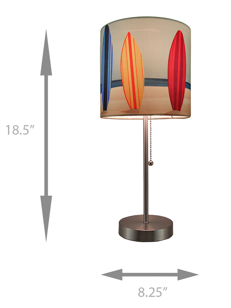 Set of 2 Stainless Steel Table Lamps with Vibrant Surfboard Shades for Beachy Coastal Bedroom Decor - 18.5 Inches High -