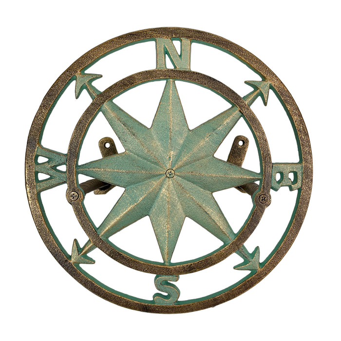 Cast Iron Nautical Compass Rose Wall Mounted Decorative Hanging Garden Hose Hanger - Verdigris Green Finish Hose Holder