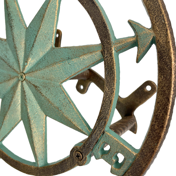 Cast Iron Nautical Compass Rose Wall Mounted Decorative Hanging Garden Hose Hanger - Verdigris Green Finish Hose Holder