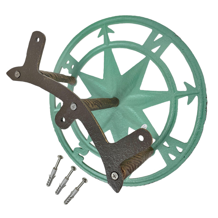 Cast Iron Nautical Compass Rose Wall Mounted Decorative Hanging Garden Hose Hanger - Verdigris Green Finish Hose Holder