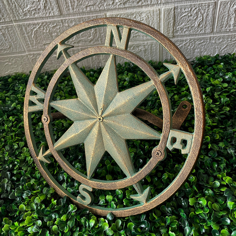 Cast Iron Nautical Compass Rose Wall Mounted Decorative Hanging Garden Hose Hanger - Verdigris Green Finish Hose Holder