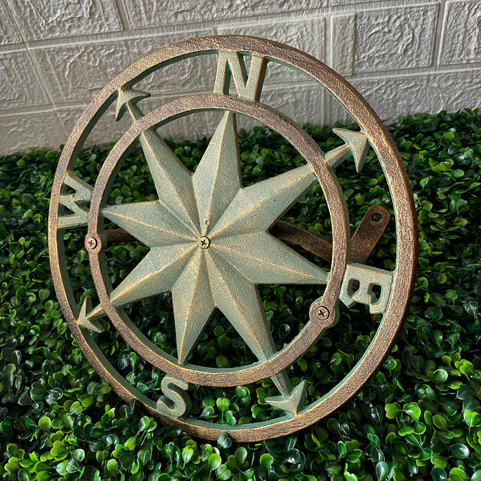 Cast Iron Nautical Compass Rose Wall Mounted Decorative Hanging Garden Hose Hanger - Verdigris Green Finish Hose Holder
