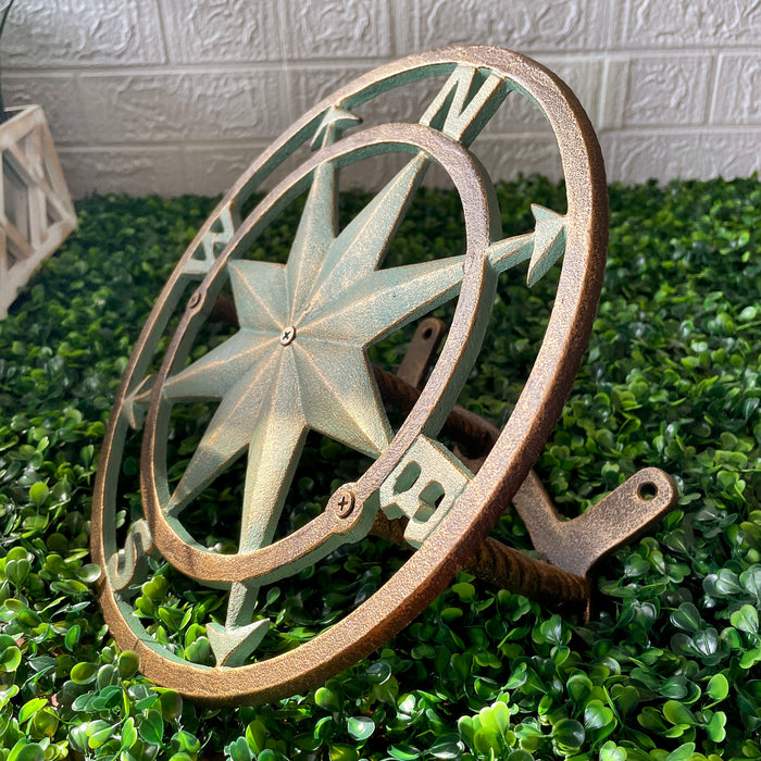 Cast Iron Nautical Compass Rose Wall Mounted Decorative Hanging Garden Hose Hanger - Verdigris Green Finish Hose Holder