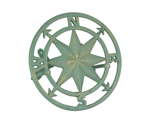 Verdigris Green Finish Cast Iron Nautical Compass Rose Wall Mounted Decorative Hanging Garden Hose Hanger Holder - Organizer