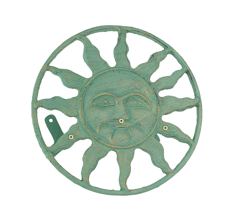 Green - Image 1 - Verdigris Green Finish Cast Iron Sun Face Decorative Wall Mounted Garden Hose Hanger - 12 Inches in