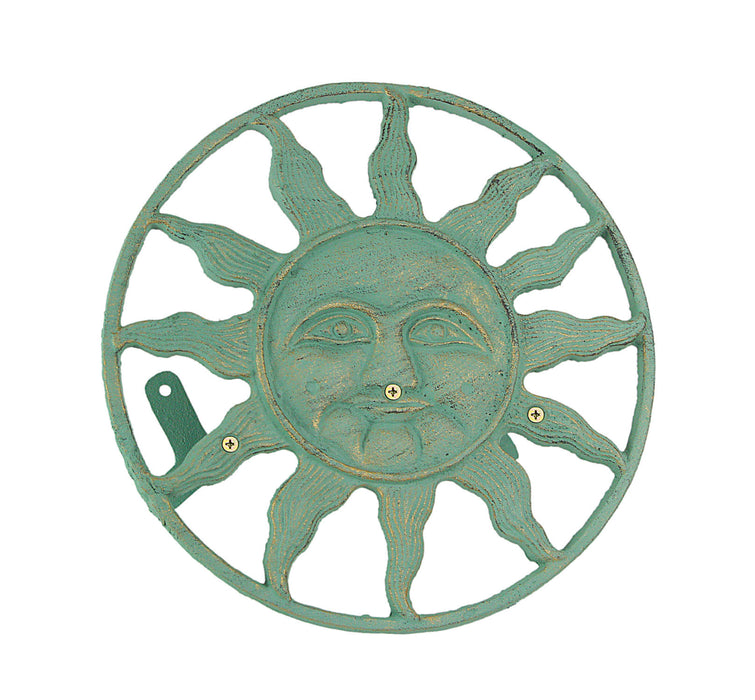 Green - Image 1 - Verdigris Green Finish Cast Iron Sun Face Decorative Wall Mounted Garden Hose Hanger Holder - 12 Inches in