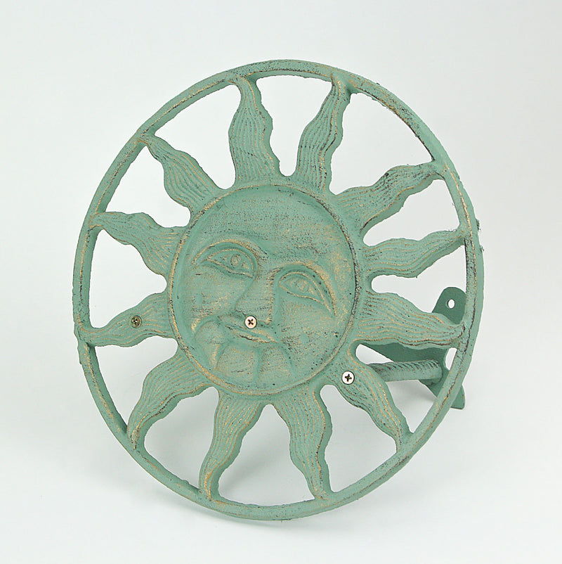 Green - Image 6 - Verdigris Green Finish Cast Iron Sun Face Decorative Wall Mounted Garden Hose Hanger - 12 Inches in