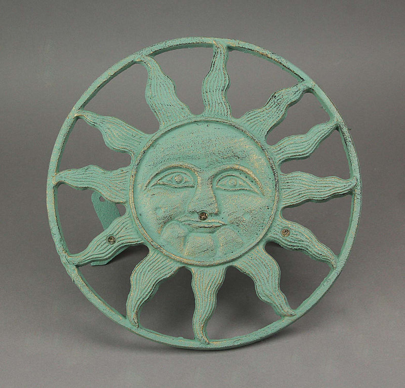 Green - Image 3 - Verdigris Green Finish Cast Iron Sun Face Decorative Wall Mounted Garden Hose Hanger - 12 Inches in