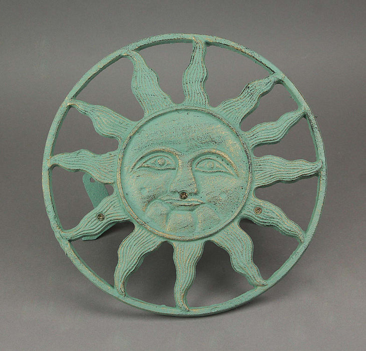 Green - Image 3 - Verdigris Green Finish Cast Iron Sun Face Decorative Wall Mounted Garden Hose Hanger Holder - 12 Inches in