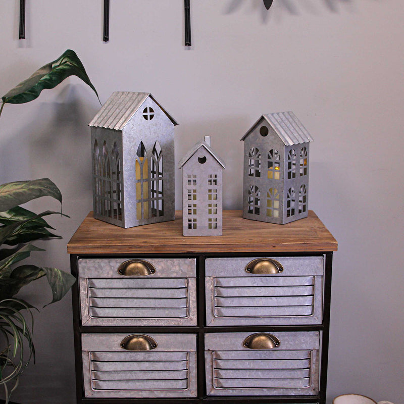 Silver - Image 5 - Set of 3 Country Farmhouse Christmas Village Galvanized Grey Metal House Shaped Oversized Votive Candle