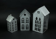 Silver - Image 6 - Set of 3 Country Farmhouse Christmas Village Galvanized Grey Metal House Shaped Oversized Votive Candle