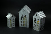 Silver - Image 7 - Set of 3 Country Farmhouse Christmas Village Galvanized Grey Metal House Shaped Oversized Votive Candle