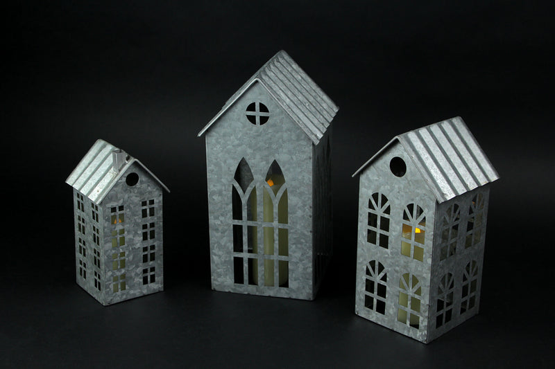 Silver - Image 7 - Set of 3 Country Farmhouse Christmas Village Galvanized Grey Metal House Shaped Oversized Votive Candle