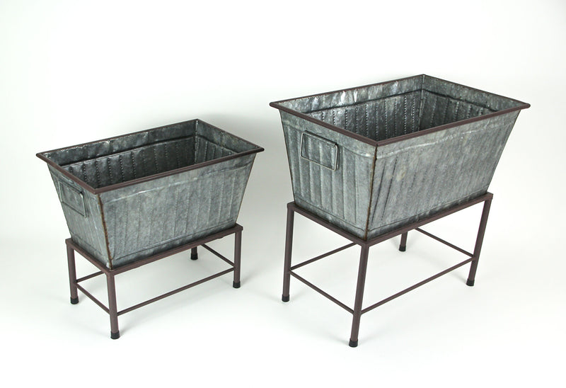 Set of 2 Metal Tub Planters on Stands, Galvanized Zinc, 20 Inch Image 2