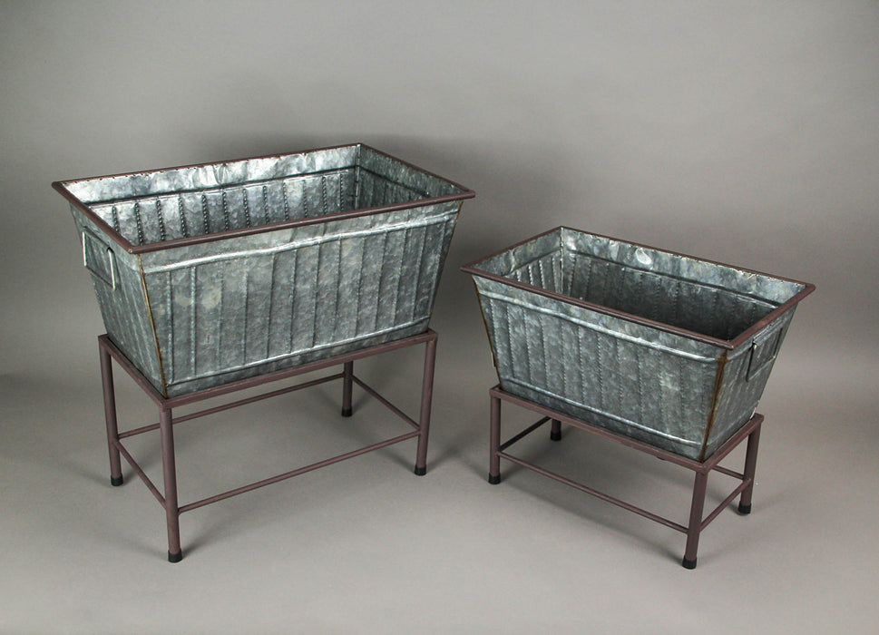 Set of 2 Galvanized Grey Zinc Finish Metal Tub Planters on Stands - Perfect for Western Themes - Large: 20 Inches, Small: 17