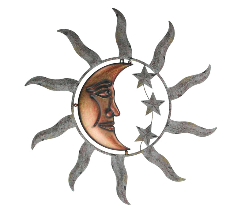 Large Sun, Moon, and Stars Indoor/Outdoor Metal Wall Sculpture - 28 Inches in Diameter - Easy Installation - Tranquil Cosmic