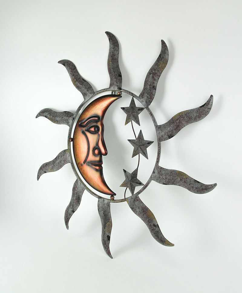Large Sun, Moon, and Stars Indoor/Outdoor Metal Wall Sculpture - 28 Inches in Diameter - Easy Installation - Tranquil Cosmic