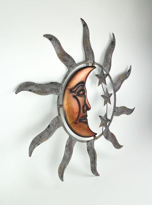 Large Sun, Moon, and Stars Indoor/Outdoor Metal Wall Sculpture - 28 Inches in Diameter - Easy Installation - Tranquil Cosmic