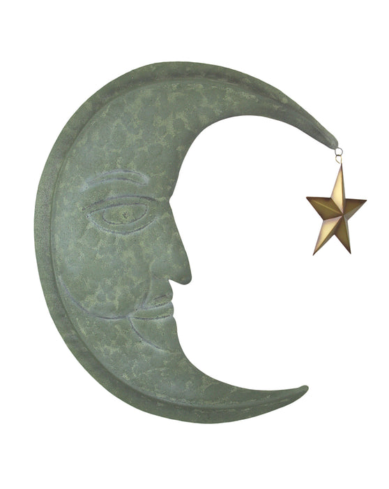 STAR - Image 1 - Enchanting Weathered Verdigris Green Crescent Moon Wall Decor with Golden Star Dangler - Celestial Charm for