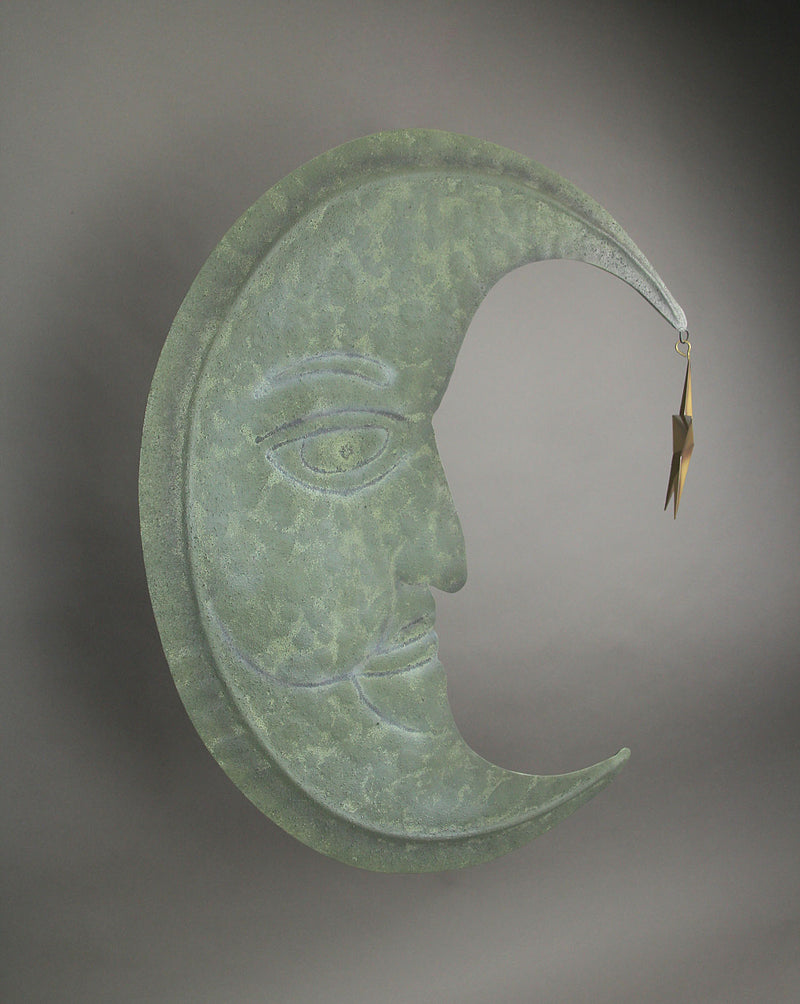 STAR - Image 3 - Enchanting Weathered Verdigris Green Crescent Moon Wall Decor with Golden Star Dangler - Celestial Charm for