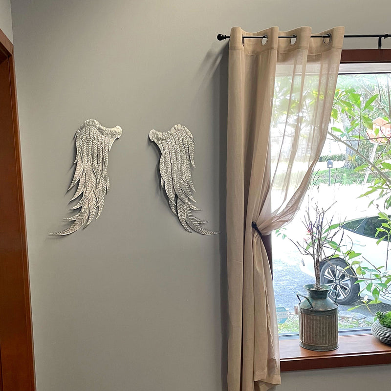 Pair of Large Galvanized Grey Metal Angel Wings Wall Art - Farmhouse Indoor Outdoor Decorative Accents for Homes, Kitchens,