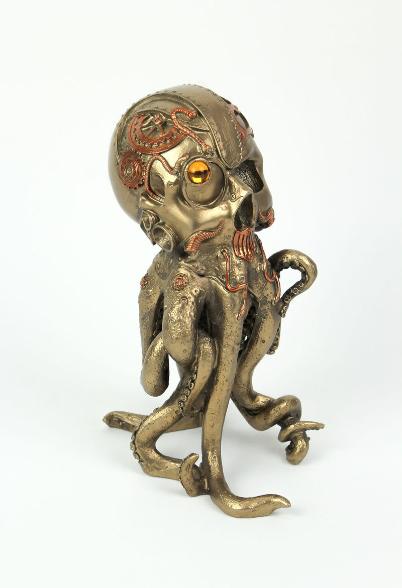 Bronze / Copper Finish Steampunk Human Skull / Octopus Fantasy Tabletop Statue: Gothic Décor, 10 Inches High - Intriguing