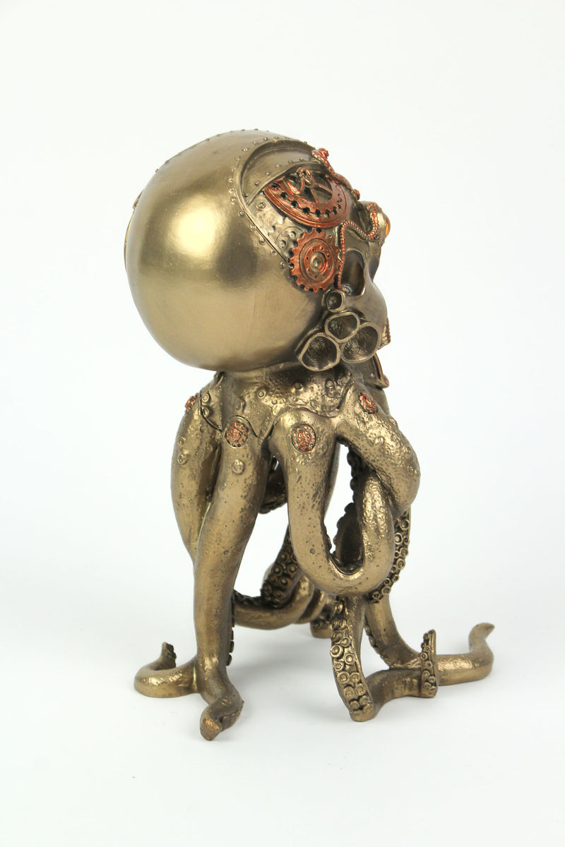 Bronze / Copper Finish Steampunk Human Skull / Octopus Fantasy Tabletop Statue: Gothic Décor, 10 Inches High - Intriguing