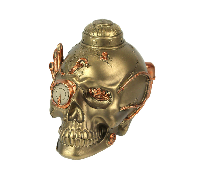 Antique Bronze Finish Steampunk Cyborg Human Skull Tabletop Resin Statue: A Retro-Futuristic Victorian Masterpiece for Gothic