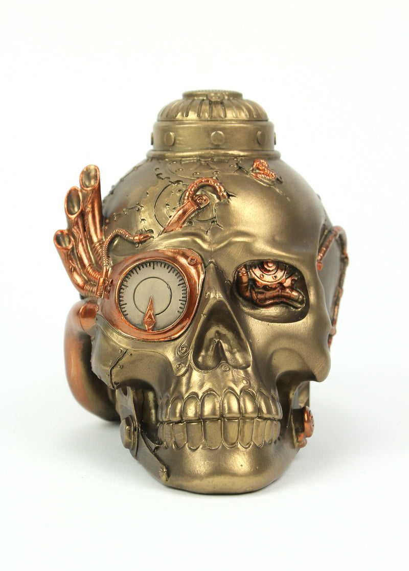 Antique Bronze Finish Steampunk Cyborg Human Skull Tabletop Resin Statue: A Retro-Futuristic Victorian Masterpiece for Gothic