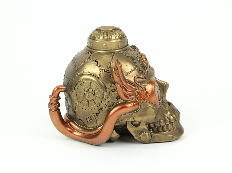 Antique Bronze Finish Steampunk Cyborg Human Skull Tabletop Resin Statue: A Retro-Futuristic Victorian Masterpiece for Gothic